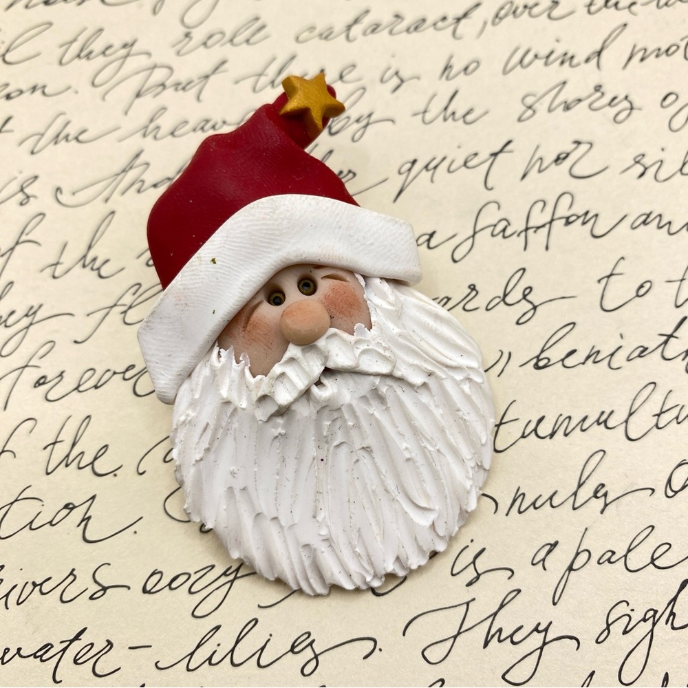 Kitschy Christmas Brooch Santa Artisan Craftcore Clay Pin Handmade Signed